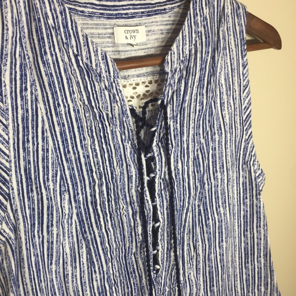 Blue and White Sleeveless Linen Dress - Picture 2 of 5